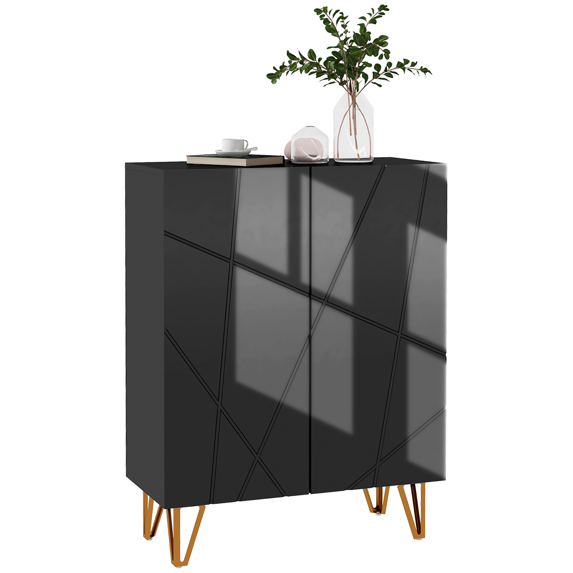 Schuhschrank Mit 2 Türen Und Verstellbaren Einlegeböden, Schuhaufbewahrung, 72 X 31,5 X 95 Cm, Hochglanz Schwarz