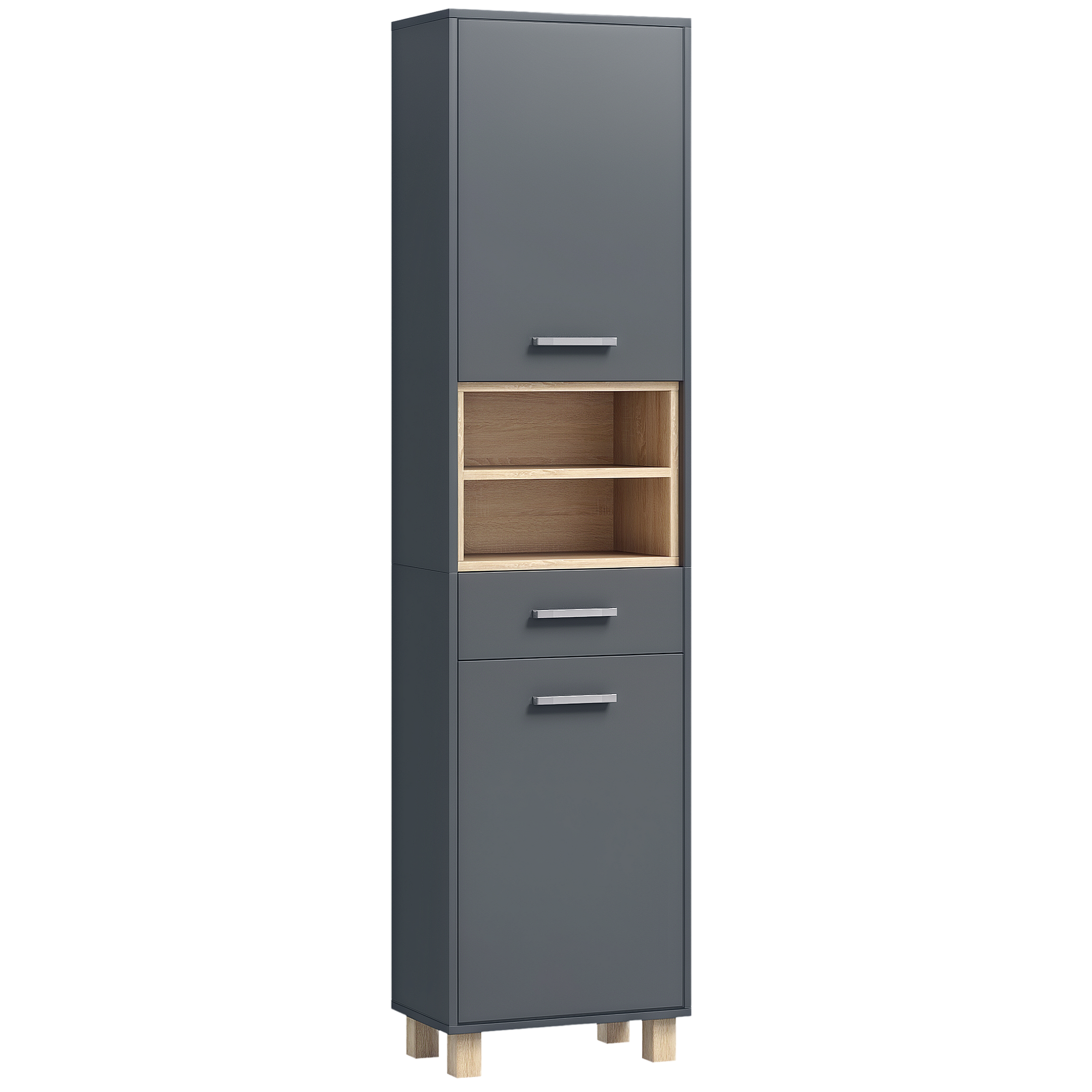 Badezimmerschrank Hochschrank Mit 2 Türen, Schublade Und 2 Offenen Fächern, Badregal Grau