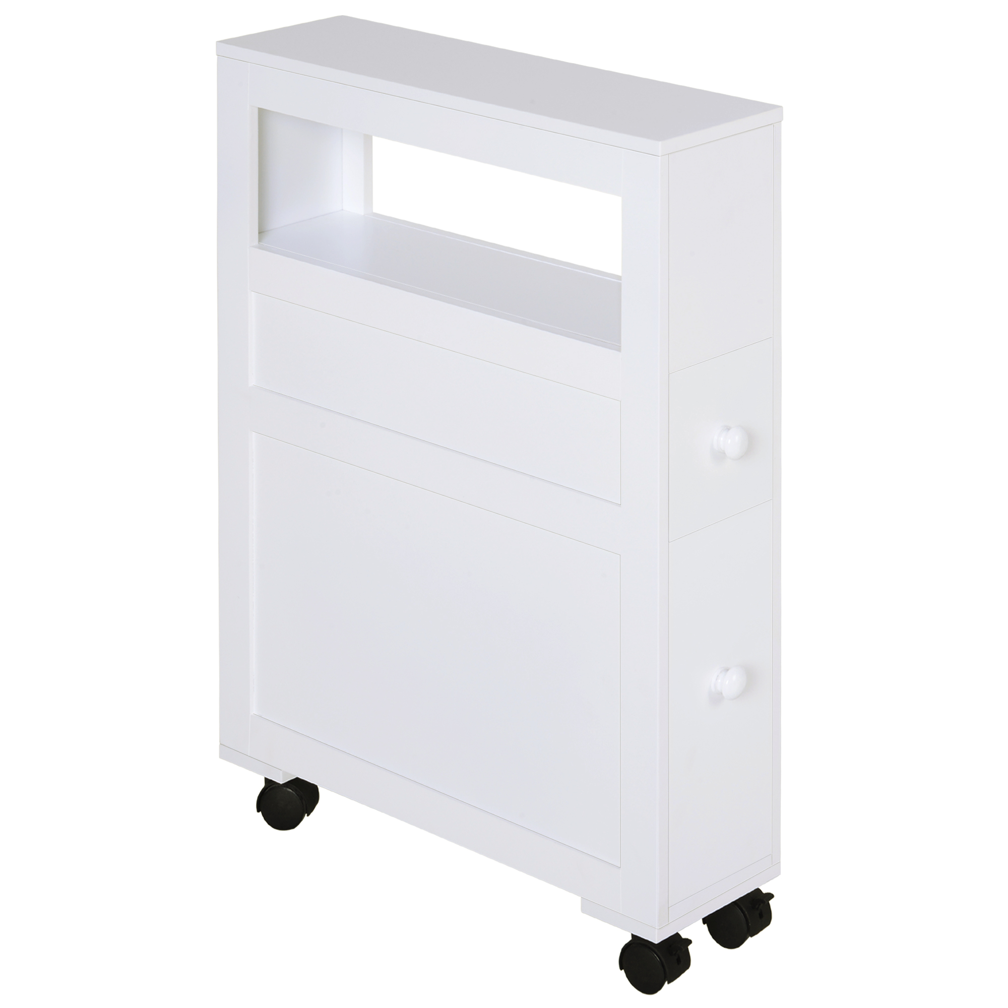 Badschrank Auf Rollen, Wc-schrank Mit Offenem Fach Und 2 Schubladen, Badezimmer-aufbewahrung, 16 X 52 X 71,5 Cm, Weiß