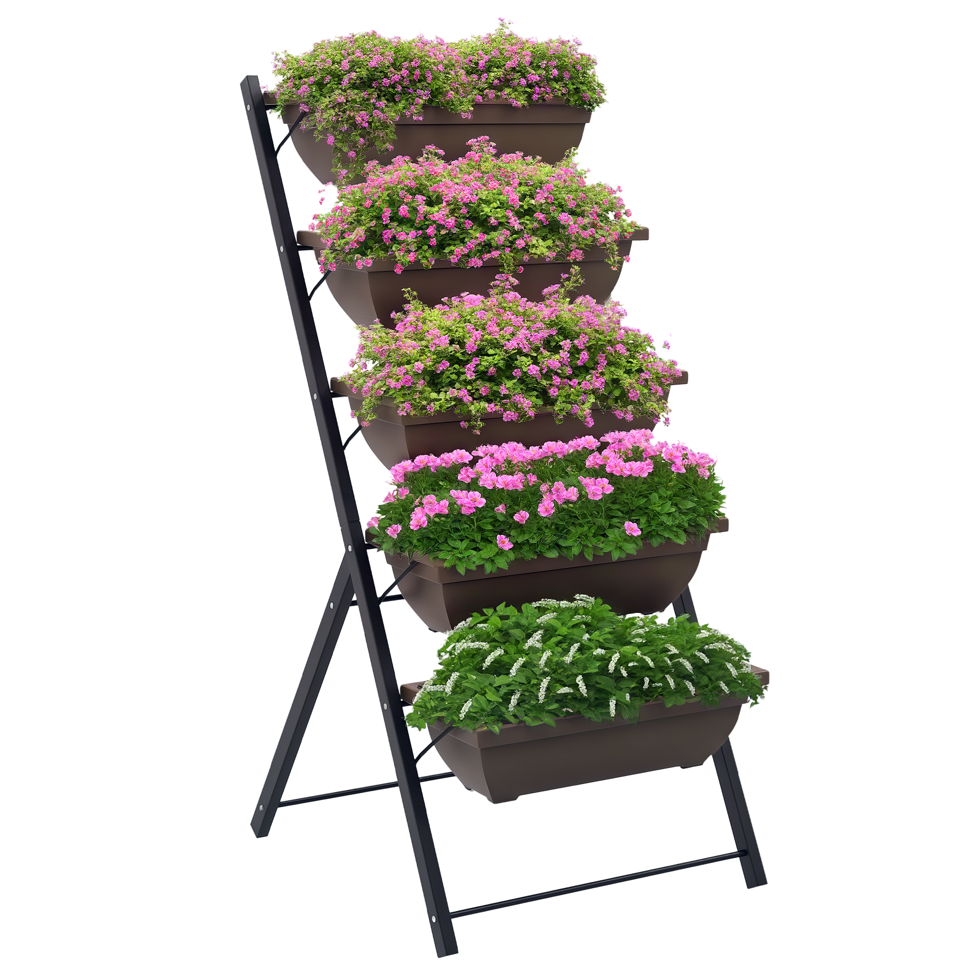 Hochbeet Mit Etagen, Vertikaler Pflanzkasten Mit 5 Blumenkästen, Drainagelöchern Und Stahlrahmen Braun