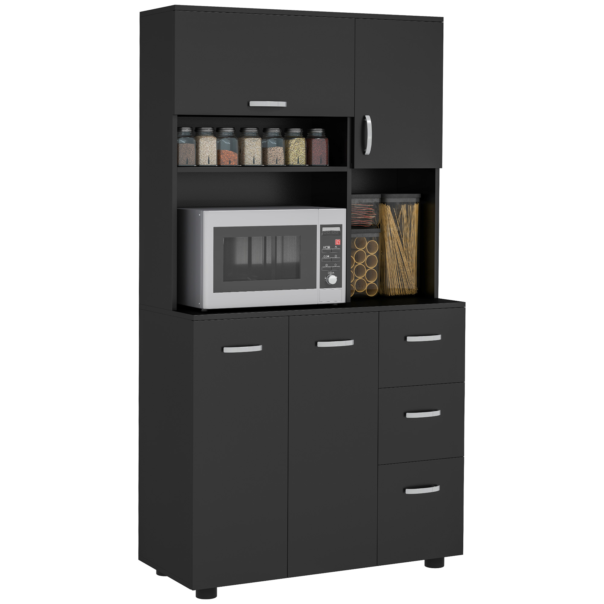 Küchenschrank Mit 4 Türen & 3 Schubladen, Vorratsschrank Mit Großem Arbeitsbereich, Küchenmöbel 89x39,5x168 Cm, Schwarz