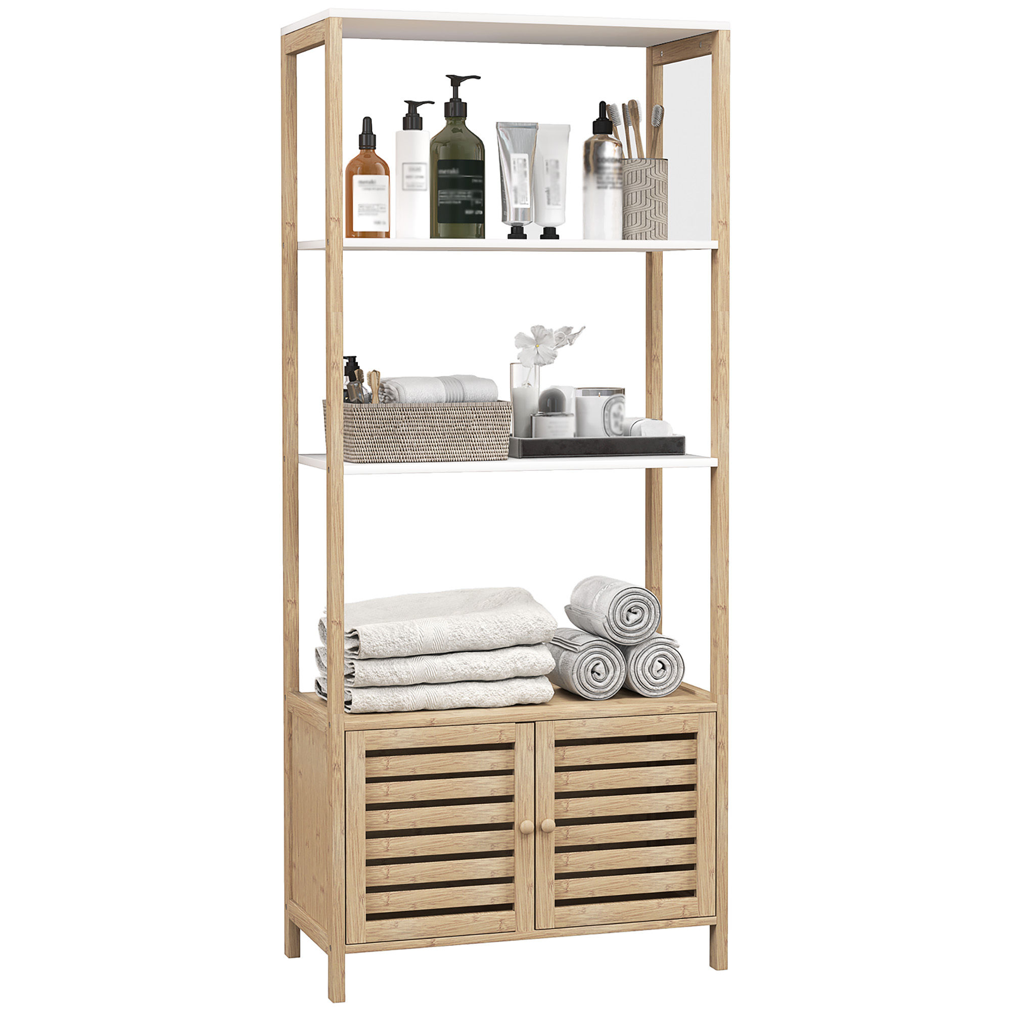 Badregal Aus Bambus, Hochschrank Mit 3 Regalböden & 1 Schranktür, Badschrank 63x30x138 Cm, Natur Und Weiß