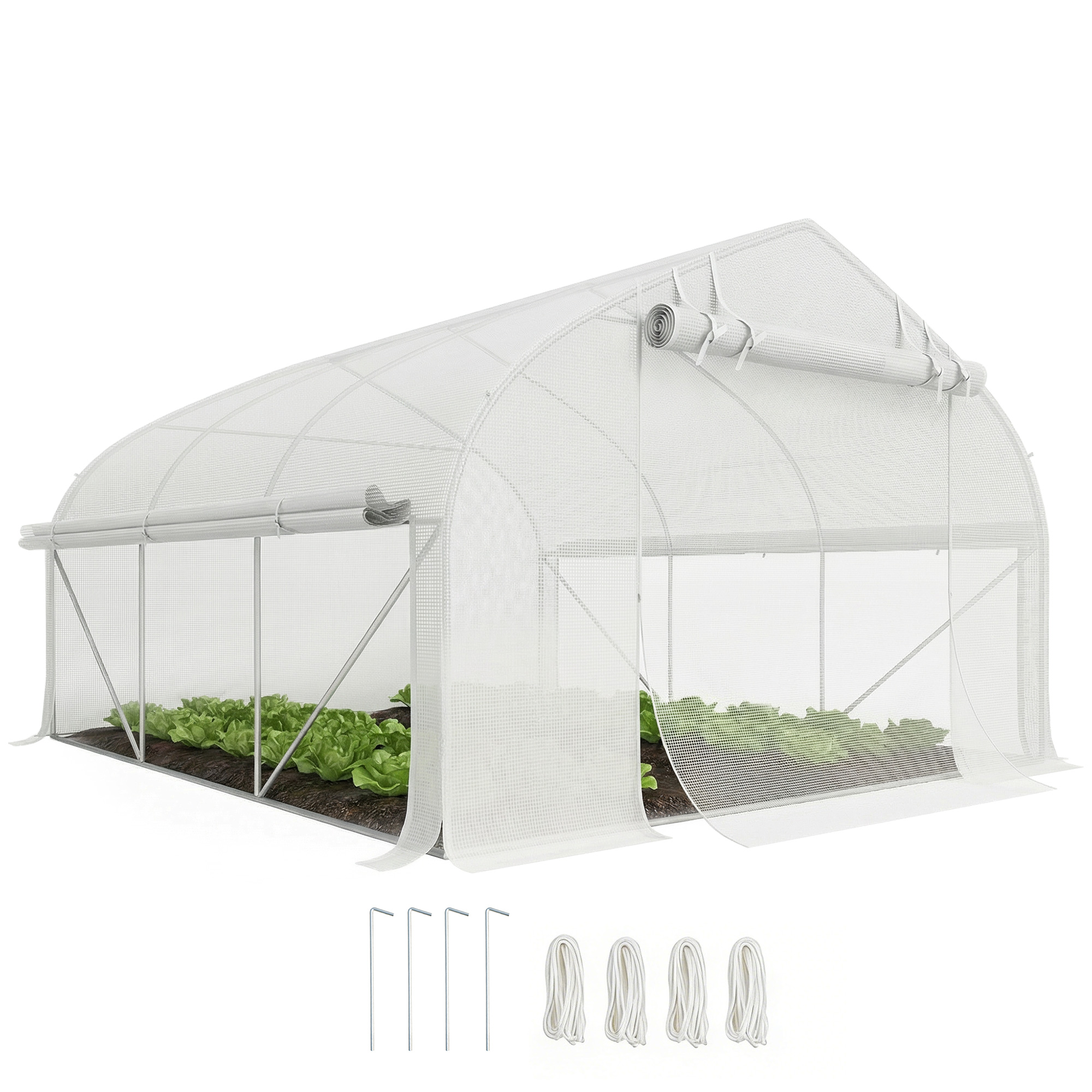 Gartentunnel-gewächshaus 10,4 M², Uv-beständiges Foliengewächshaus Mit Reißverschluss-rolltür Und Netzfenstern, 350 X 300 X 200 Cm, Weiß