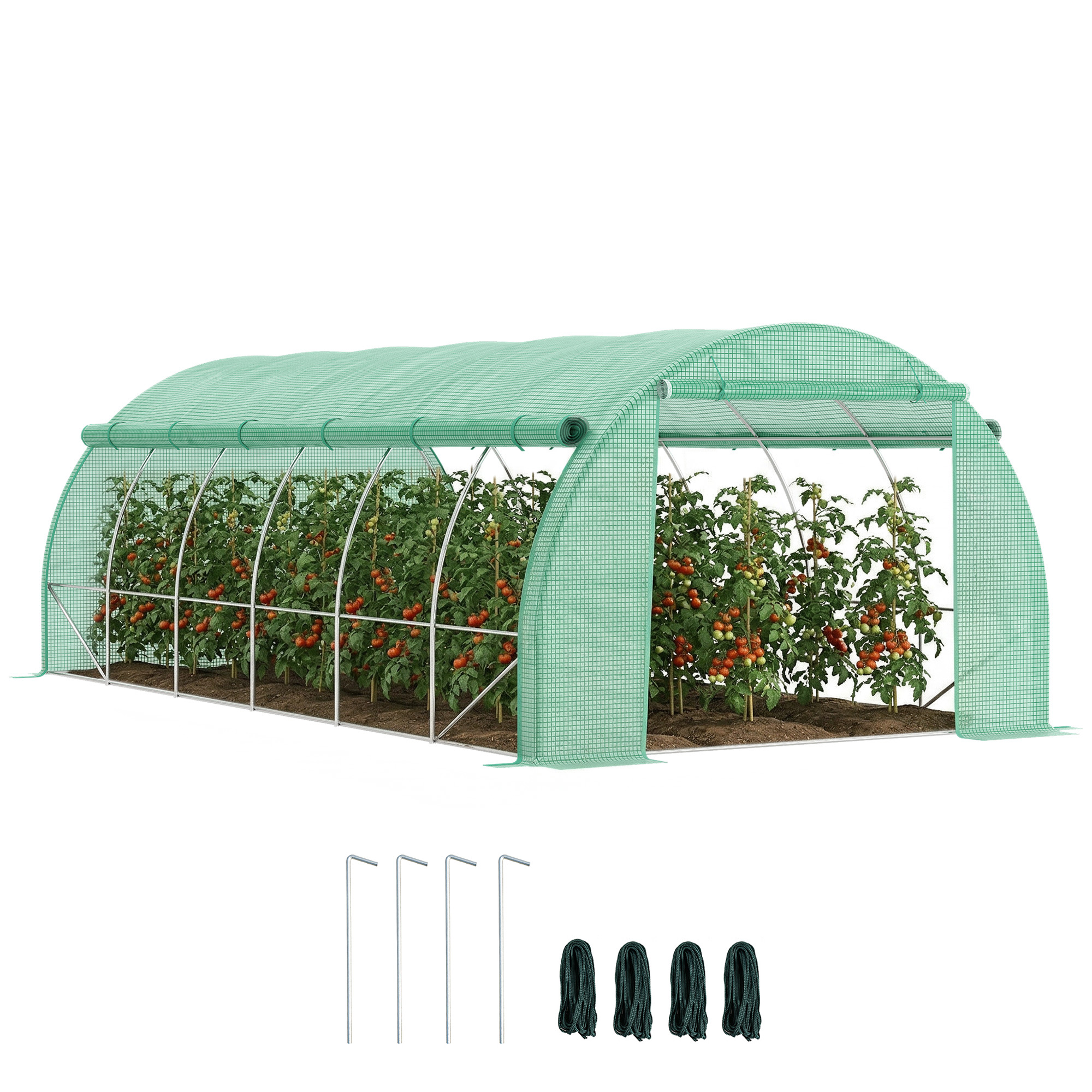 Gewächshaus 18 M², Folientunnel 4x3x2 M Mit 12 Fenstern, Tür & Aufrollbaren Seitenwänden, Pe-stahl, Grün