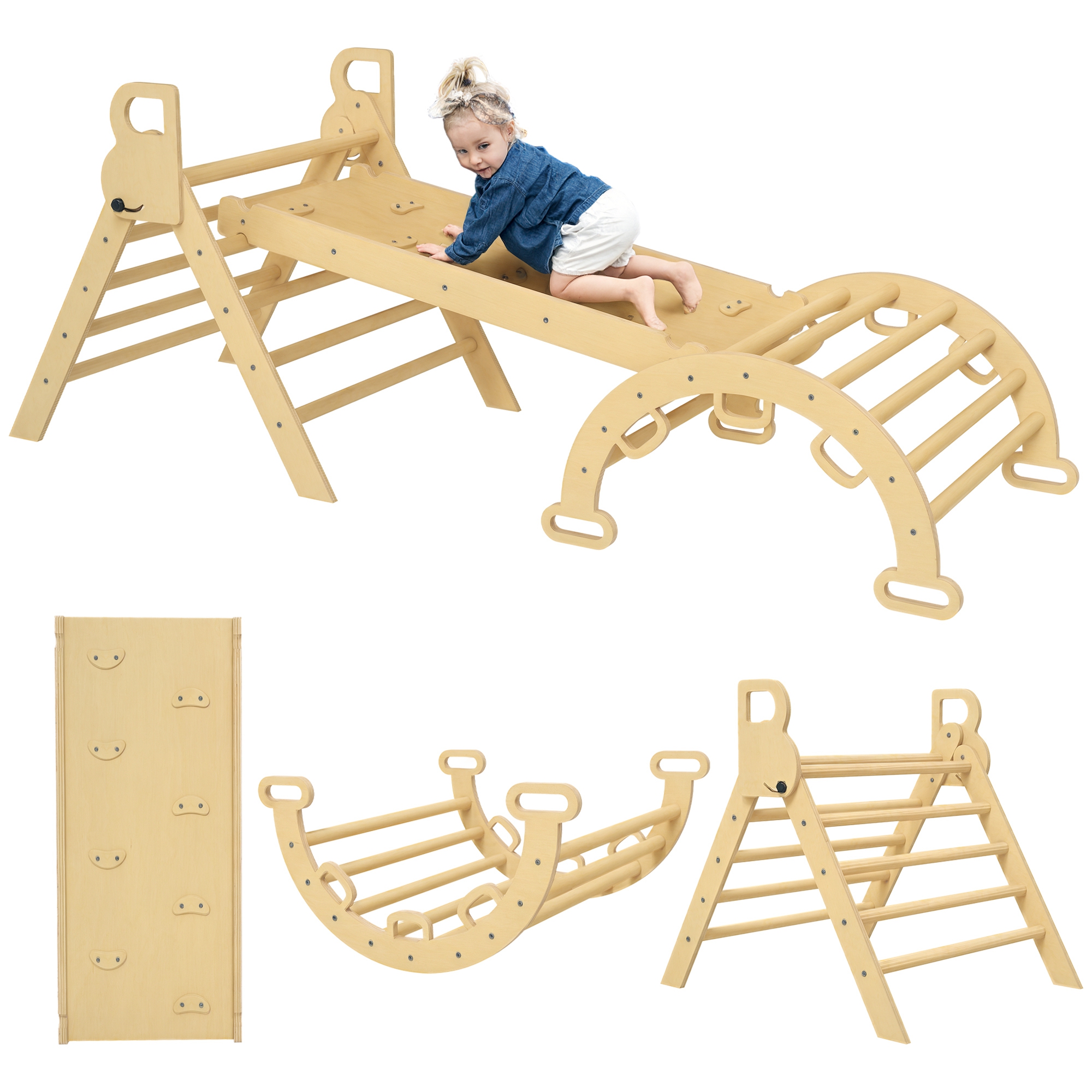 5-in-1 Kletterdreieck Für Kinder, Klettergerüst Mit Wende-rampe Und Schaukel, Motorikspielzeug Aus Holz, Kinder Kletterbogen
