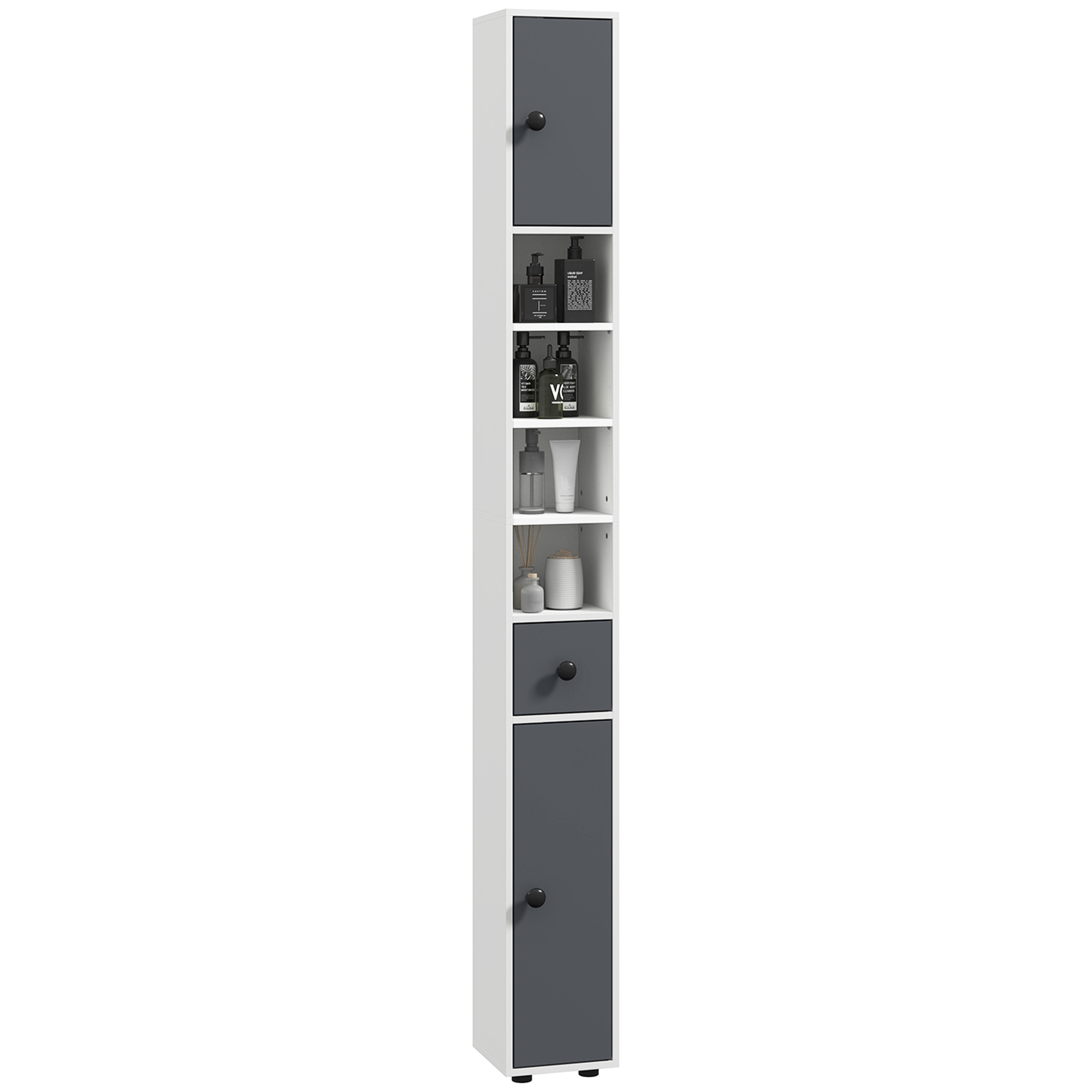 Badezimmer Hochschrank Mit 1 Schublade, 4 Verstellbaren Regalen Und 2 Schränken 20 X 20 X 180 Cm Grau