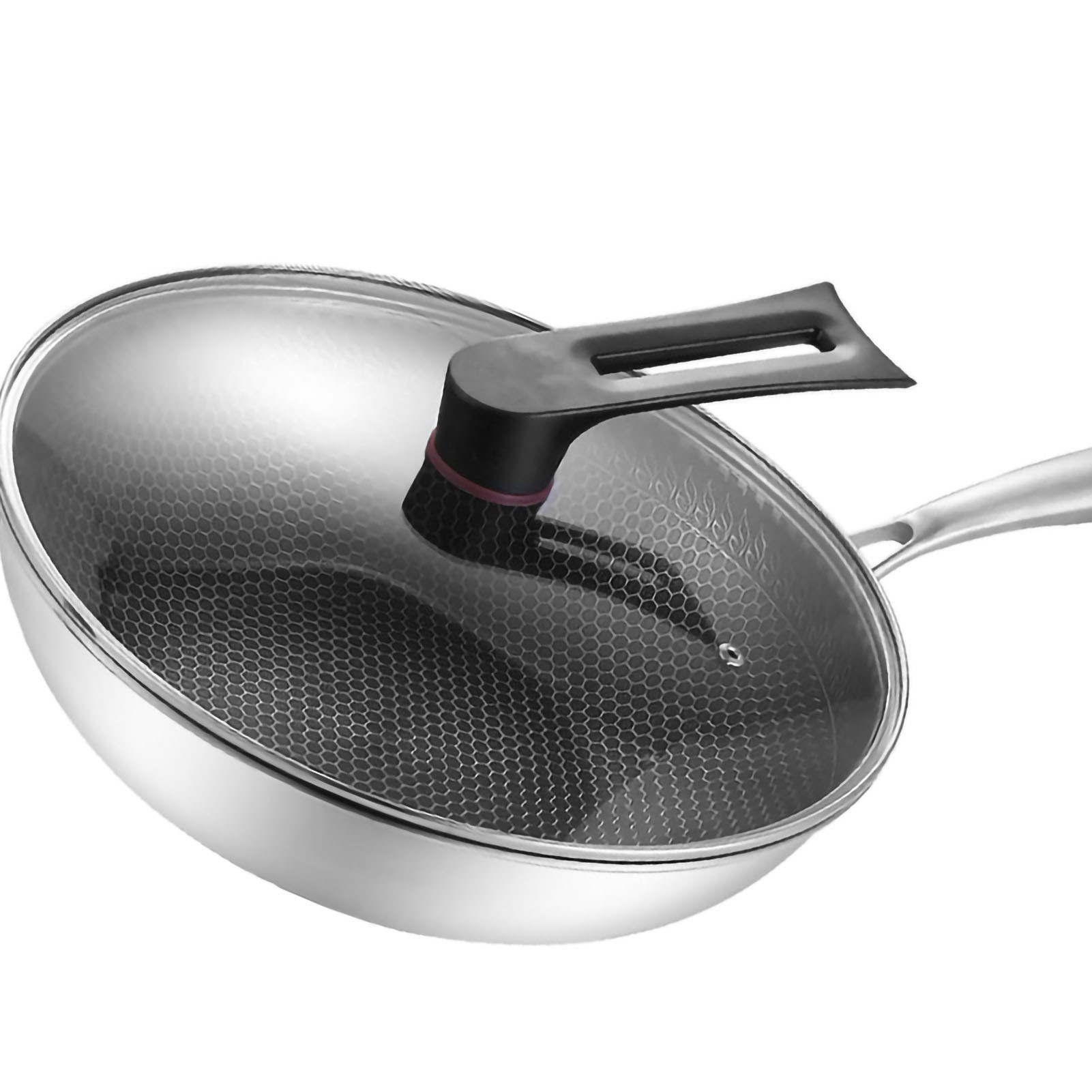 Edelstahl-wokpfanne, Doppelseitig, Wabenförmig, 3-lagig, Verhindert Anhaften, Leicht Zu Reinigen, Wok Für Die Küche, 34 Cm / 13,4 Zoll (mit Deckel Und Ohne Griffe)
