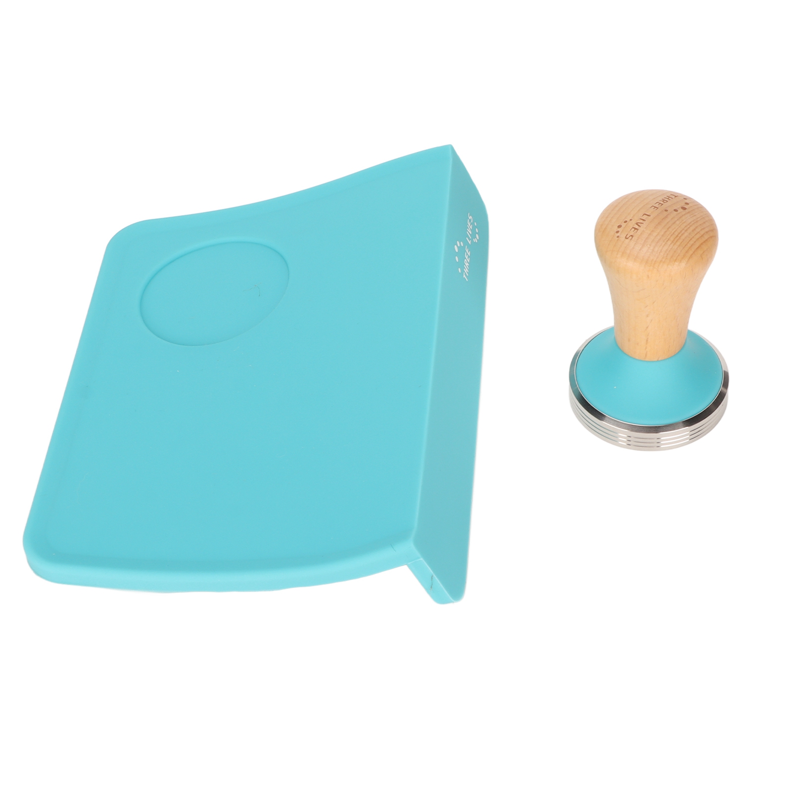 Kaffeepulver-presswerkzeug-set Mit Holzgriff, Flachem Hammerfuß Und Rutschfester Silikon-tampermatte Mit Schlitz (blaue Matte, 58 Mm Hammerdurchmesser)