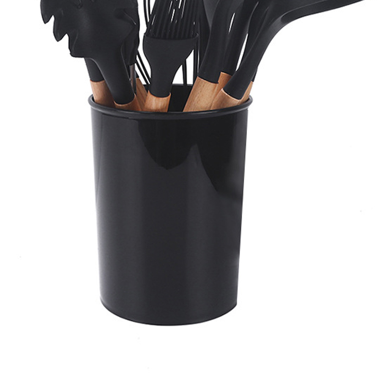 Küchenhelfer-set Mit Holzgriff, Silikon, Antihaftbeschichtung, Kochlöffel, Spatel, Pinsel, Schaber Und Clip, Schwarz, 11-teilig, Farbbox, Runder Eimer
