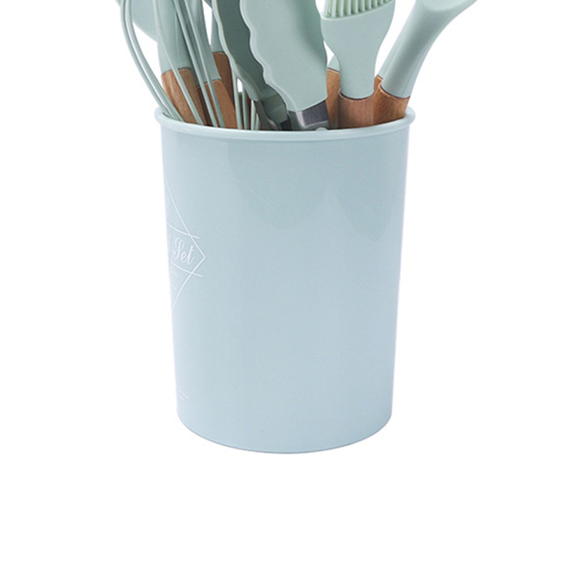 Küchenhelfer-set Mit Holzgriff, Silikon, Antihaftbeschichtung, Kochlöffel, Spatel, Pinsel, Schaber Und Clip, Hellgrün, 11-teilig, Farbbox, Runder Eimer