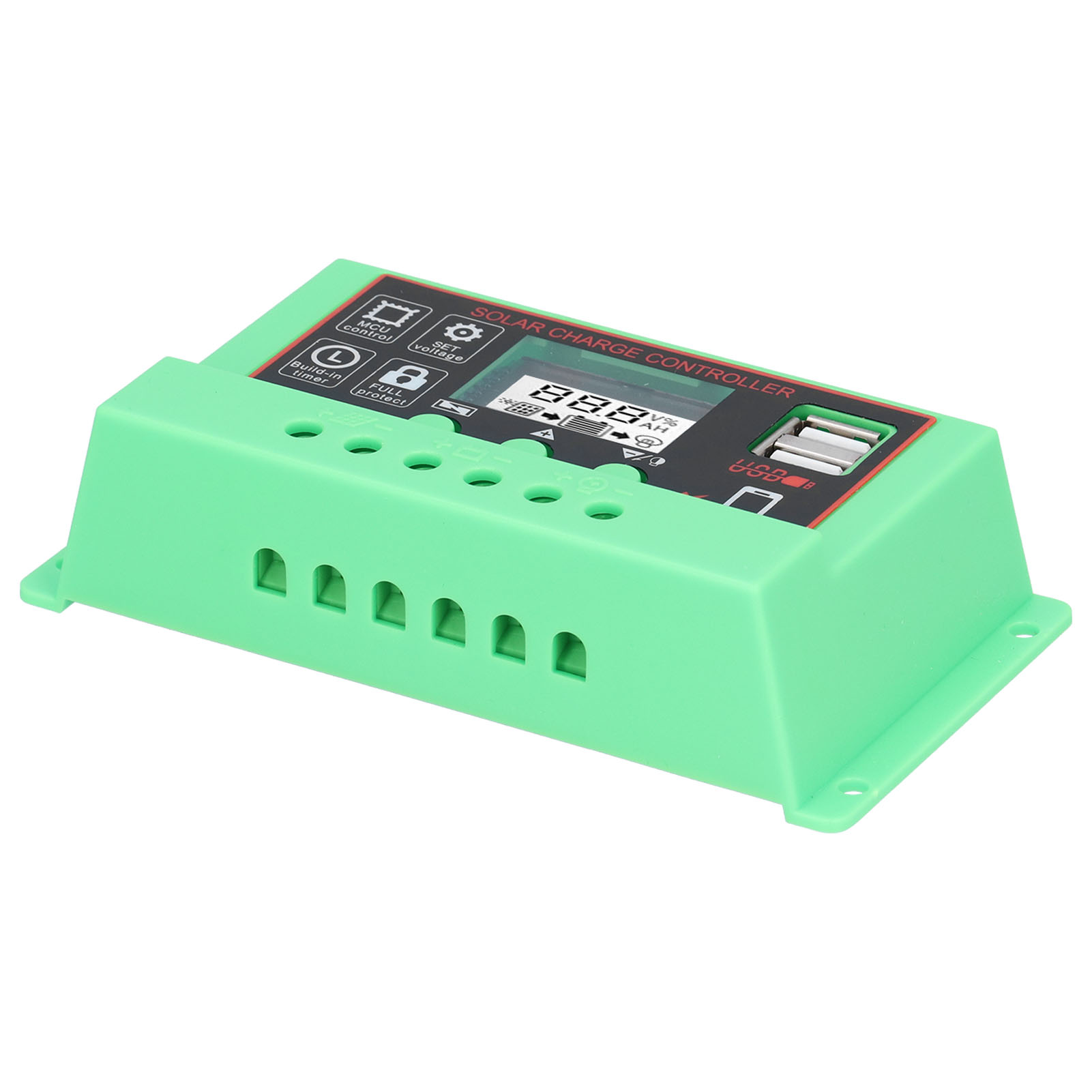 12v/24v Solarladeregler Mit Lcd-bildschirm, Usb-anschluss, Überlastschutz, Grünem Gehäuse Und Schwarzer Oberfläche