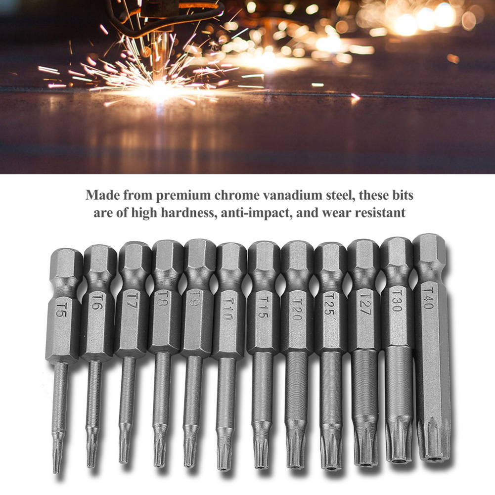 Set Mit 12 T5-t40 Sicherheits-sternschraubendreherbits, Chrom-vanadium-stahl, 1/4-zoll-sechskantschaft, Magnetisch, Verstärkte Schrauben.