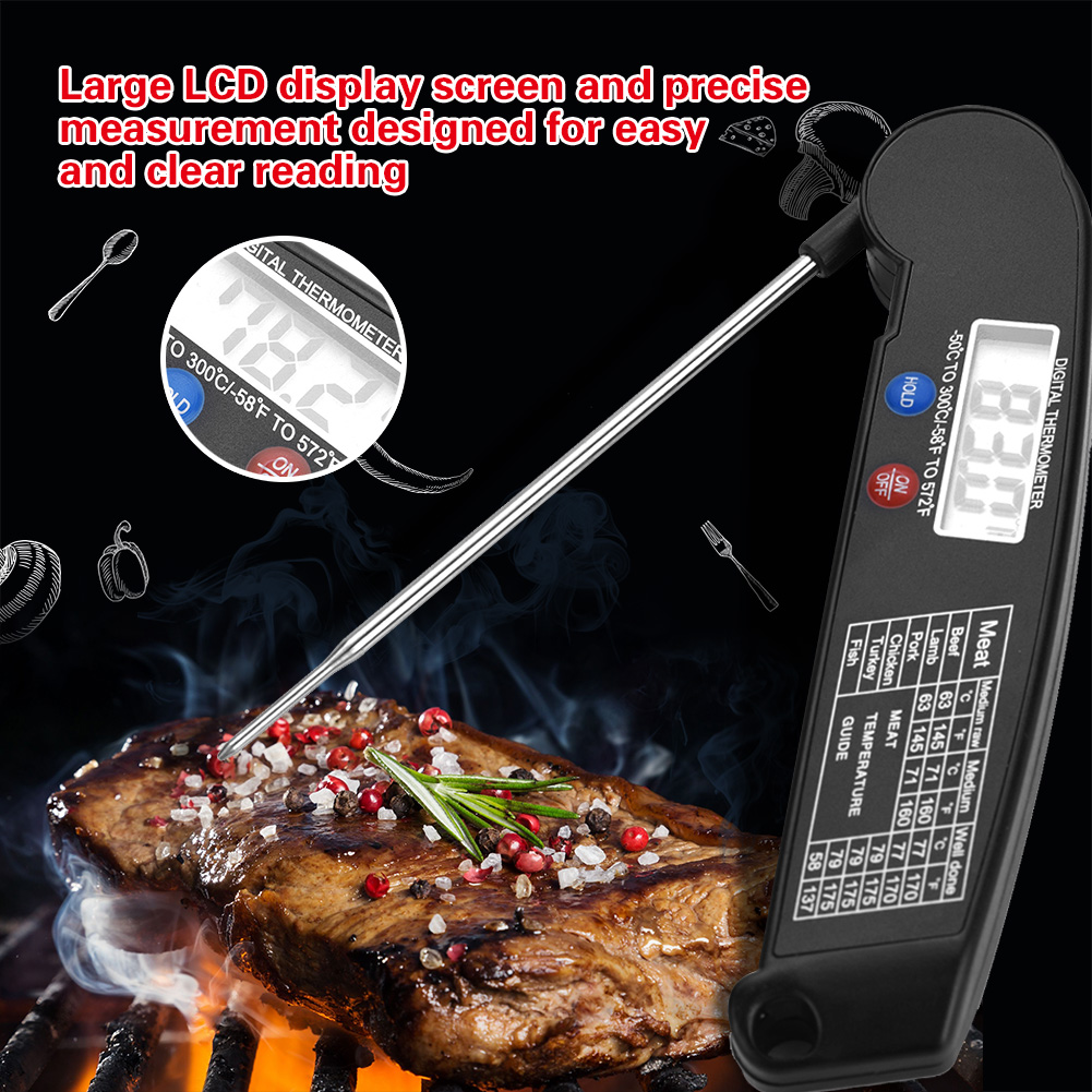 Digitales Lcd-lebensmittelthermometer Mit Klappbarer Sonde, Geeignet Für Grill Und Küche, Schwarzer Temperaturmesser, Für Den Grill