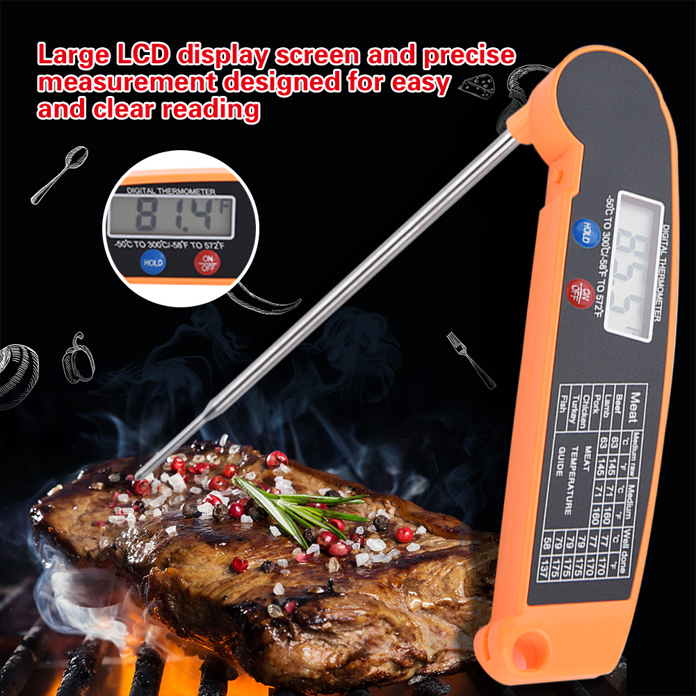 Digitales Lcd-lebensmittelthermometer Mit Klappbarer Sonde, Grill- Und Küchenthermometer, Orangefarben