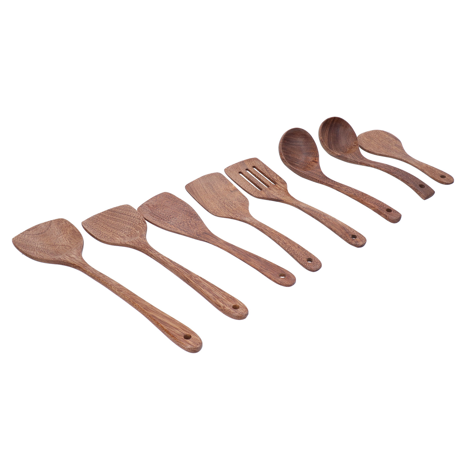 Set Aus 8 Küchenutensilien Aus Holz, Bestehend Aus Pfannenwender, Schöpfkelle, Löffeln, Mixer Und Servierset, Ideal Zum Kochen Und Rühren.