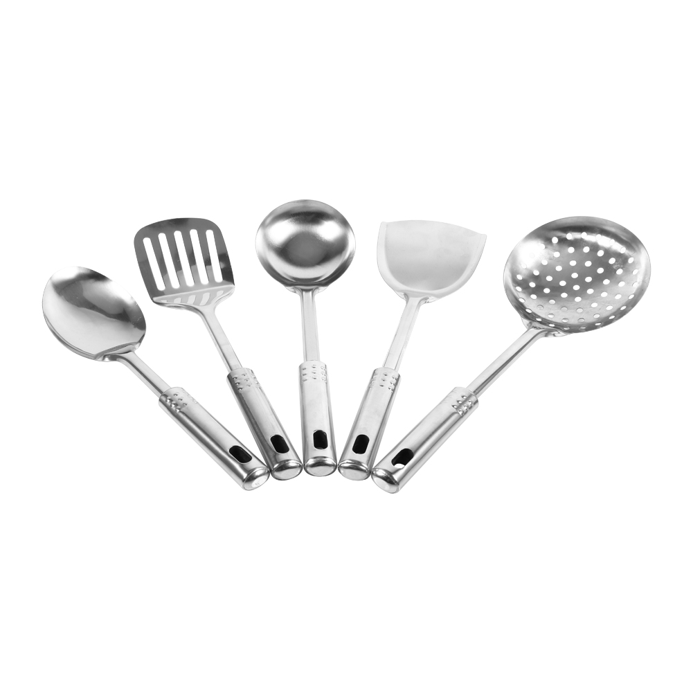 Set Aus 5 Multifunktionalen Küchenutensilien Aus Edelstahl: Löffel, Pfannenwender Und Schaufel, Langlebige Kochwerkzeuge.