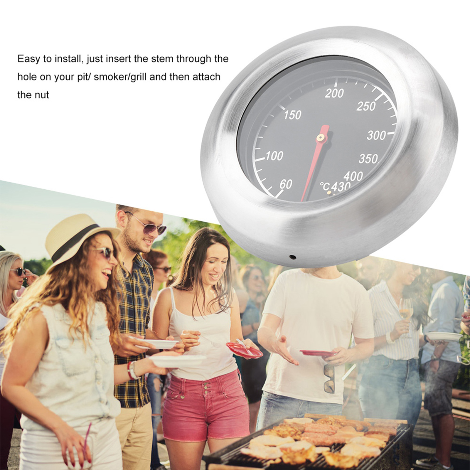Grillthermometer Aus Edelstahl 60-430°c, Temperaturanzeige Zum Grillen, Räuchern Und Barbecue, Edelstahlzifferblatt, Präzises Kochen.