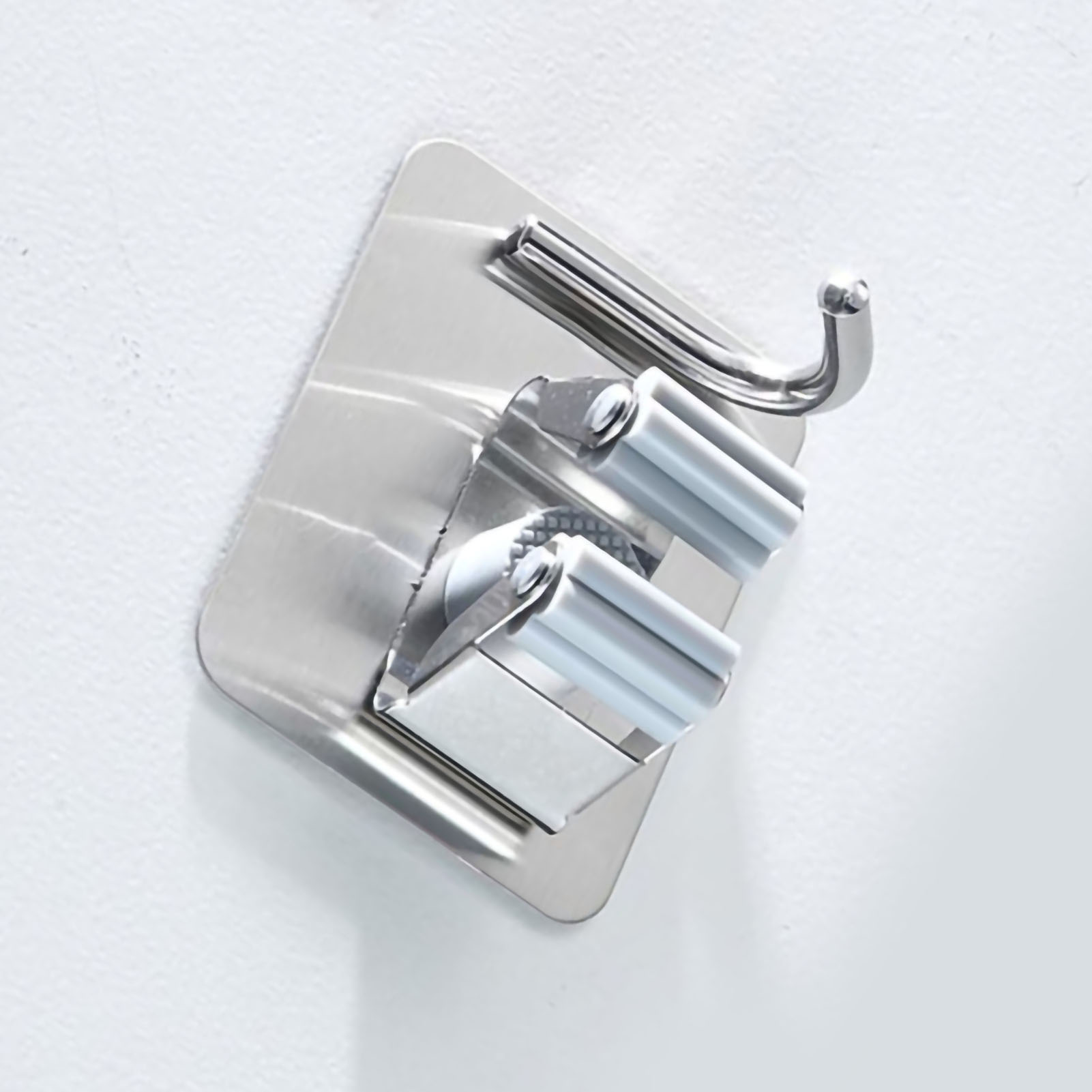 Wandmontierter Mopphalter Aus Edelstahl, Bohr- Und Klebefrei, Multifunktionaler Mopp- Und Besenhalter Für Bad Und Wc, Große Quadratische Ausführung, Grau, Mit Haken