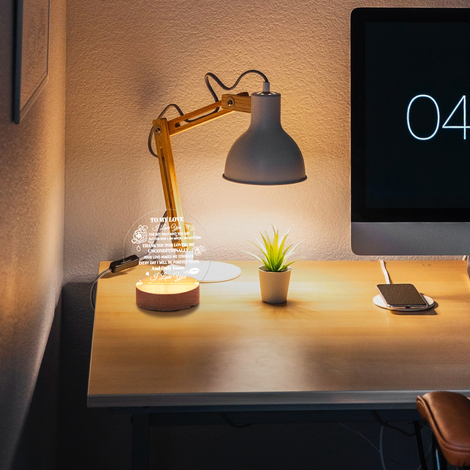 Dekorative Nachtlampe Mit Acrylplatte Und Holzsockel, Warmweißes Licht Für Schlafzimmer Und Arbeitszimmer
