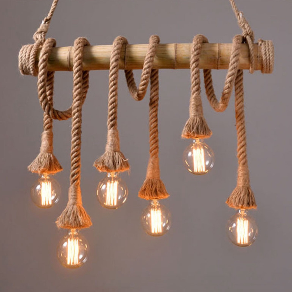 Vintage Pendelleuchte 3m 6 E27 Glühbirnen 85-265v, Retro-hanfseil-lampenschirm, Industrielle Glühfaden-deckenleuchte, Dekorativer Kronleuchter, 6 Köpfe, 3 Meter Kabel.