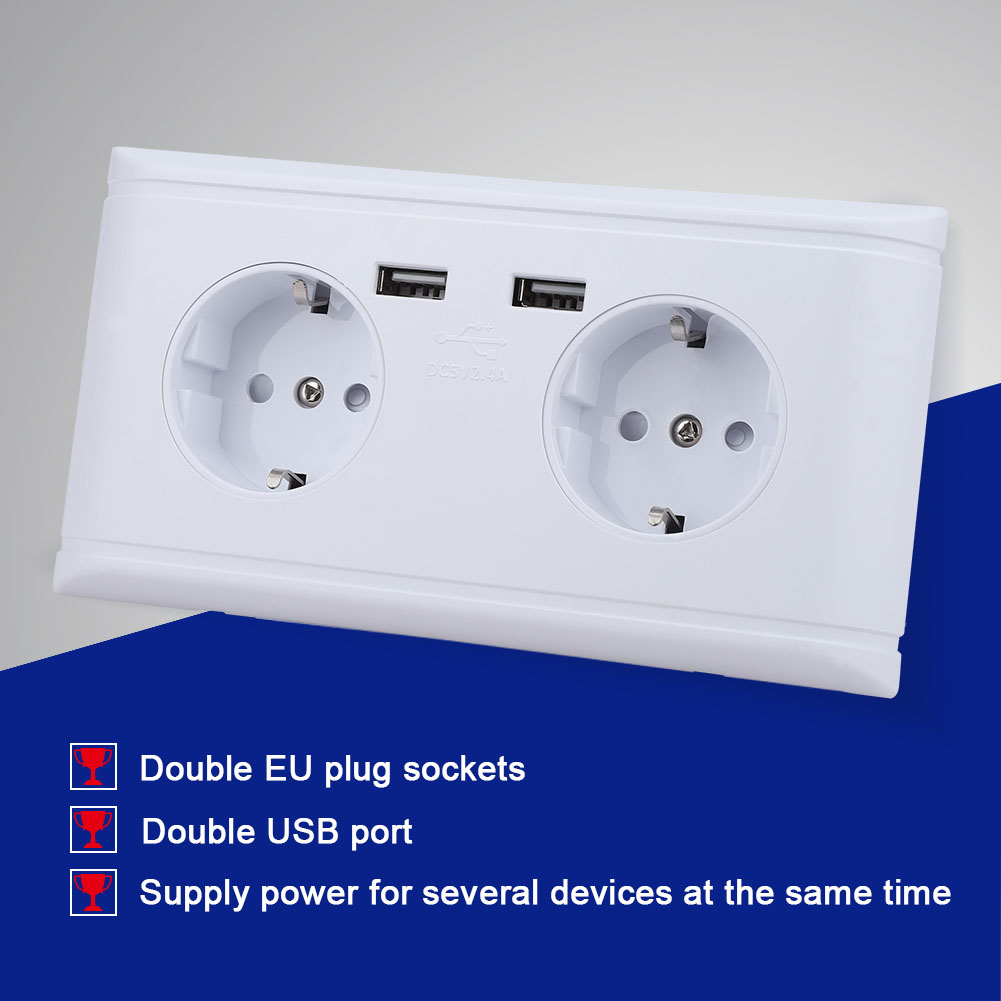 Mehrfachsteckdose Mit 2 Usb-anschlüssen Für Handy-ladegeräte, 250 V, Doppelter Europäischer Stecker, Schnellladefunktion, Reisetauglich, Weiß, Unterputzmontage.