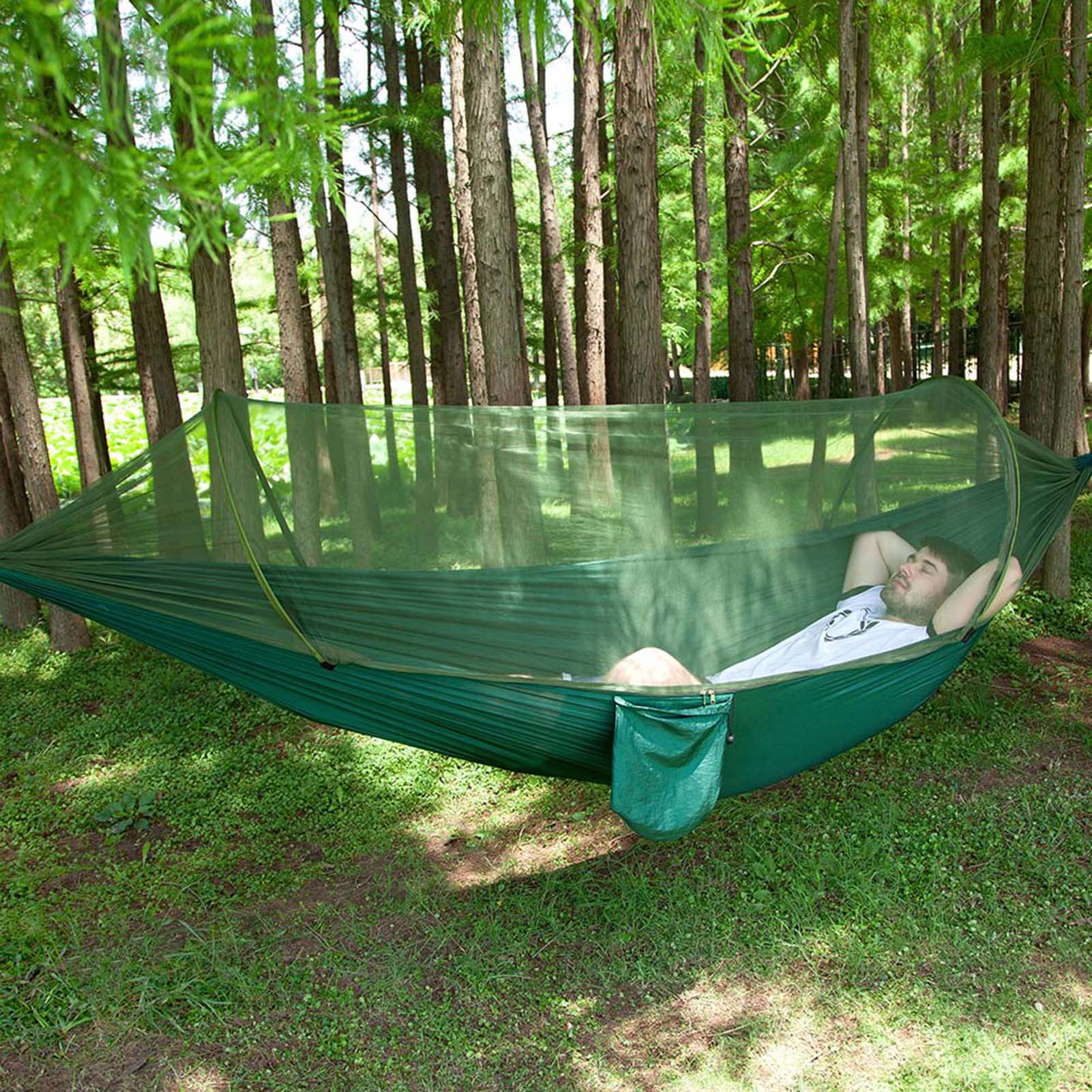 Doppel- Oder Einzelhängematte Mit Moskitonetz Für Camping Und Reisen, Tragbares Hängebett, Dunkelgrün