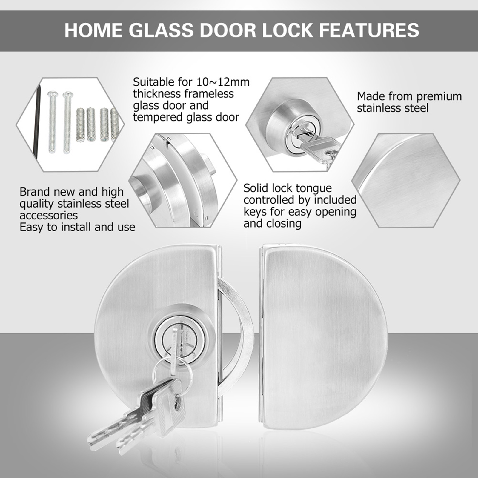 Türschloss Aus Edelstahl Für 10-12 Mm Glas Mit Schlüsseln, Zum Öffnen Und Schließen, Für Zuhause, Hotel, Badezimmer