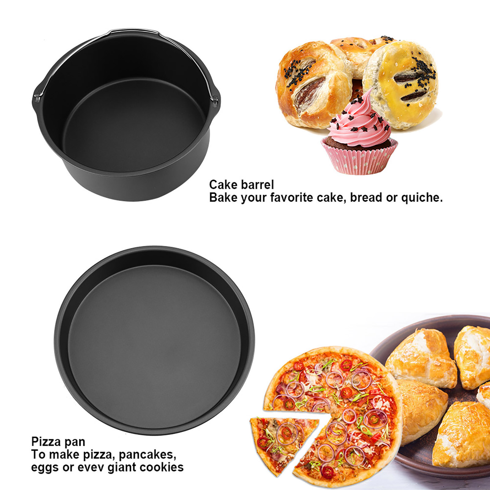 8-zoll-multifunktions-heißluftfritteusen-zubehörset: Toaster, Kuchenform, Pizzaform, Schwarz, Ofenkompatibel