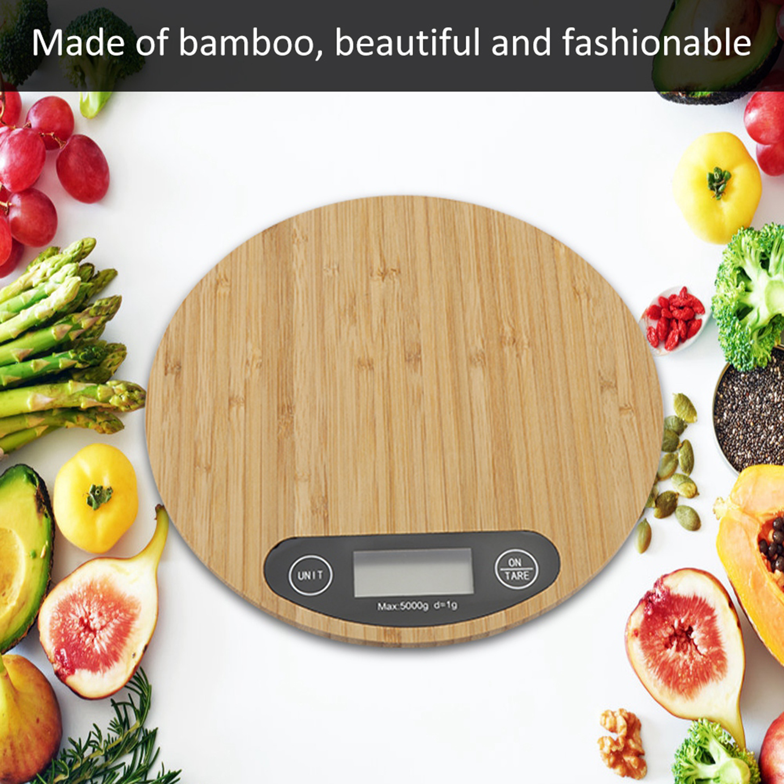 Runde Elektrische Küchenwaage Aus Bambus Mit Led-anzeige, Präzises Wiegen Von Lebensmitteln Bis Zu 5 Kg/1 G Zum Kochen