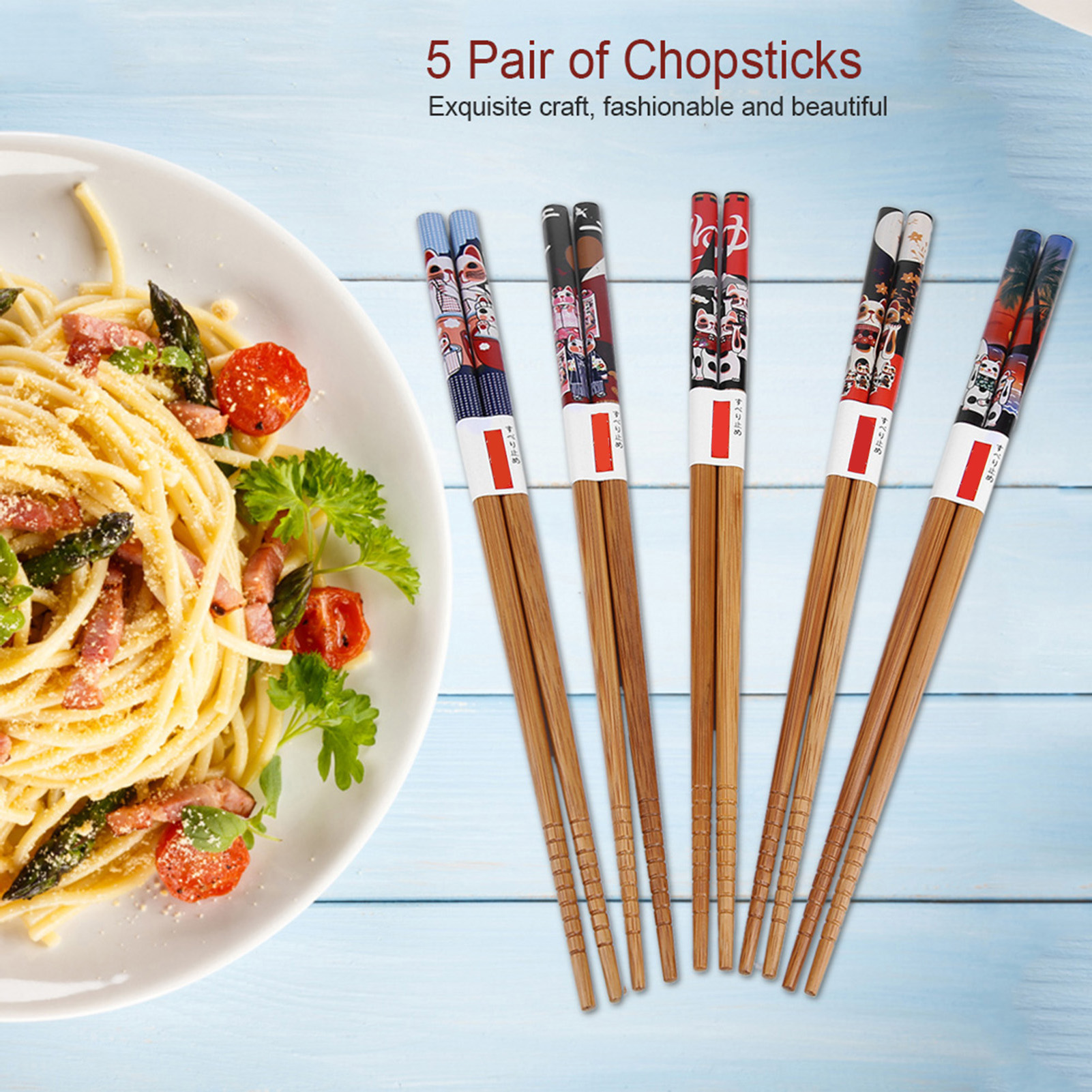 Set Mit 5 Paar Waschbaren Und Robusten Essstäbchen Aus Holz, Ideal Zum Kochen, Für Restaurants, Als Hochzeitsgeschenk (katzenmotiv)