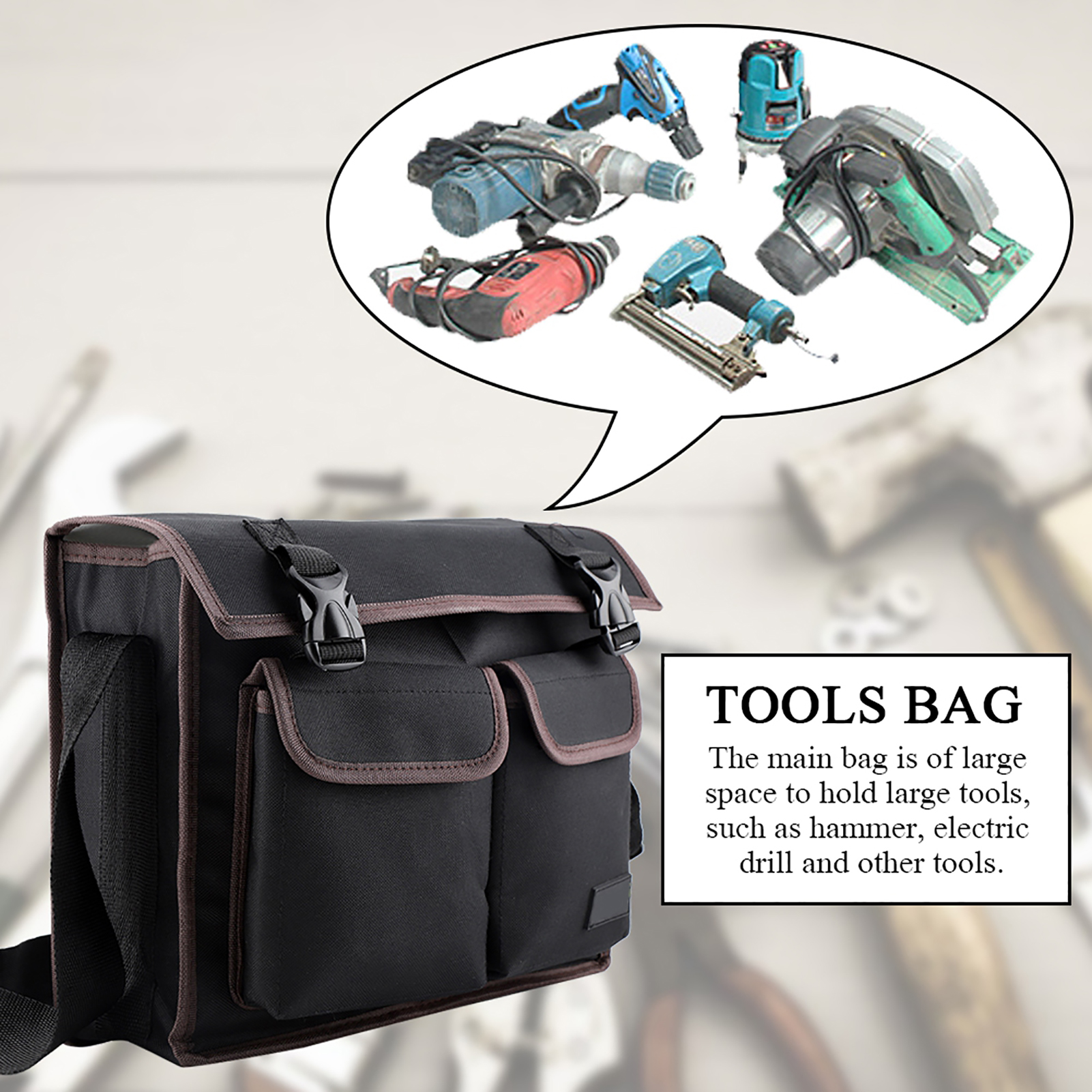 Verstärkte Werkzeugtasche Aus Oxford-canvas, Schultertasche Für Elektriker Und Reparaturarbeiter, Schwarz, Professionelle Aufbewahrung.