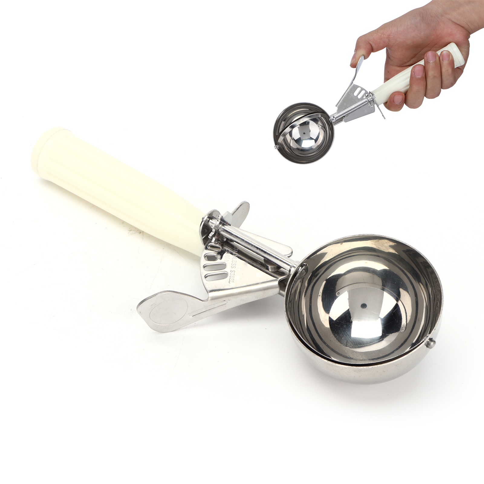 Multifunktionale Eiskugelzange Aus Edelstahl, Eiskugelzange Mit Beigefarbenem Griff, 6,7 Cm Durchmesser, Praktisches Küchenutensil Für Desserts.