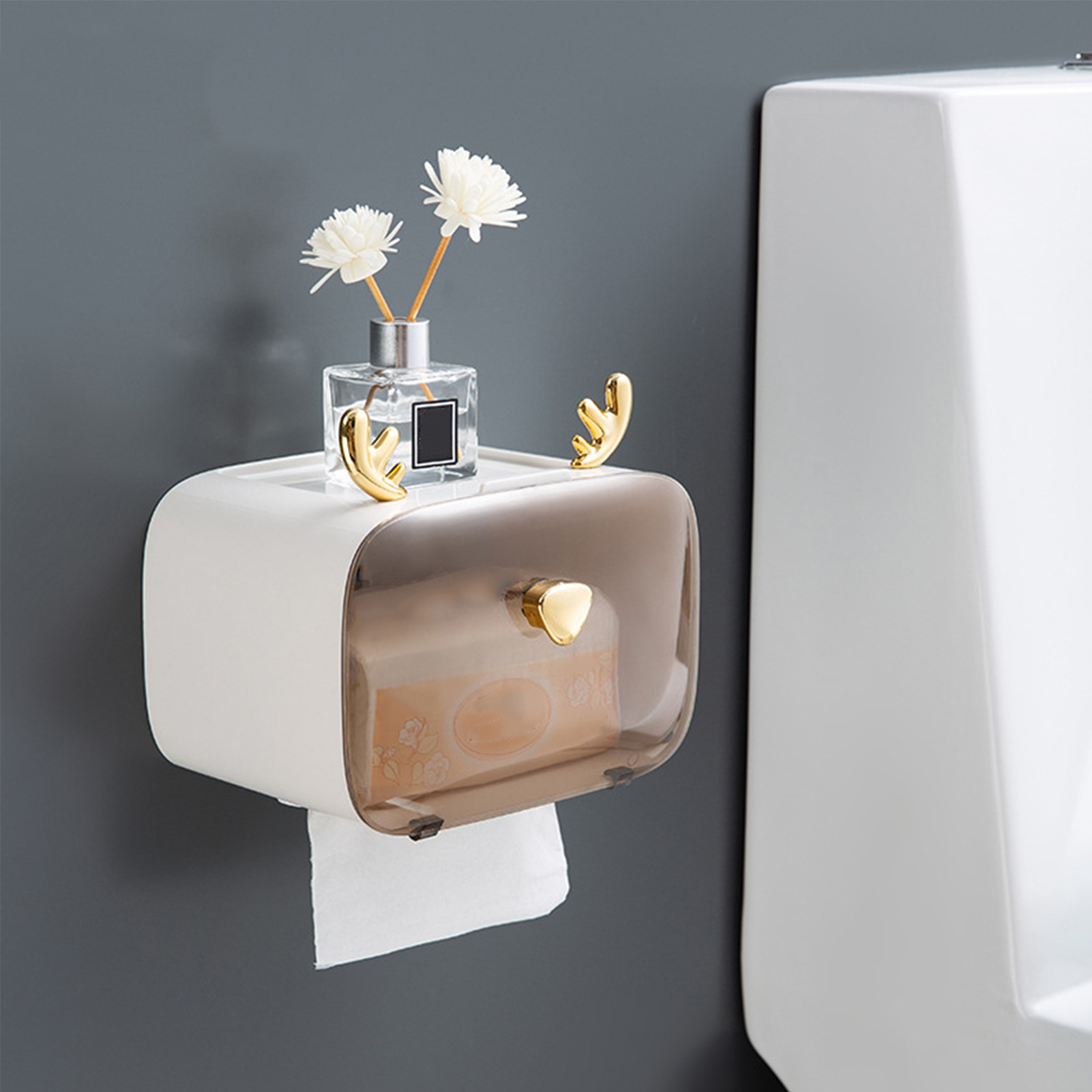 Wasserdichter Toilettenpapierhalter Mit Niedlichem Geweihmotiv, Transparentem Sichtfenster, Verstellbar, Zum Aufhängen Und Zur Wandmontage, Weiß