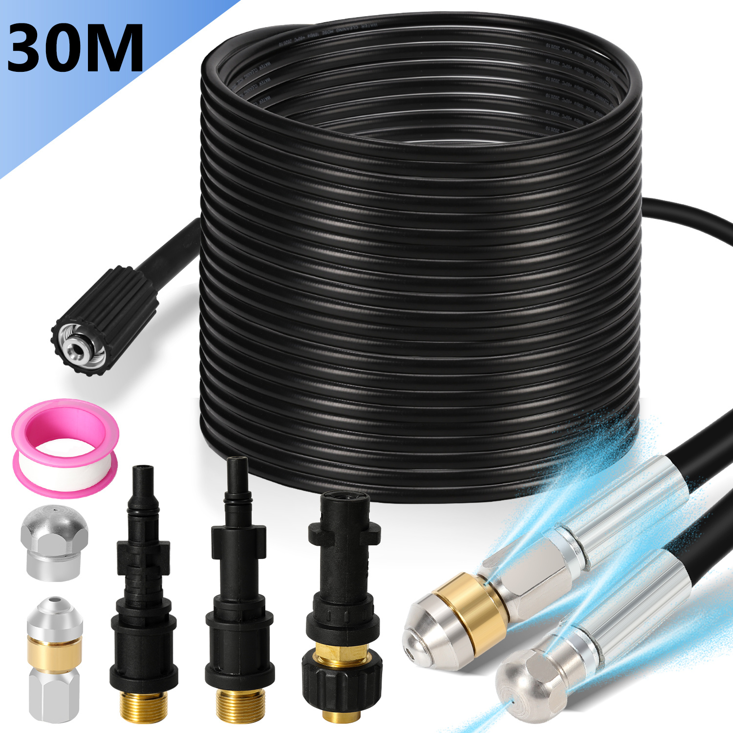 Jiubiaz Rohrreinigungsschlauch Set Abflussreiniger 30 M 160 Bar, Hochdruckreiniger Zubehör Mit 2 Düsen & 2 Adaptern, Rotierende Düse, Für Abflussrohre