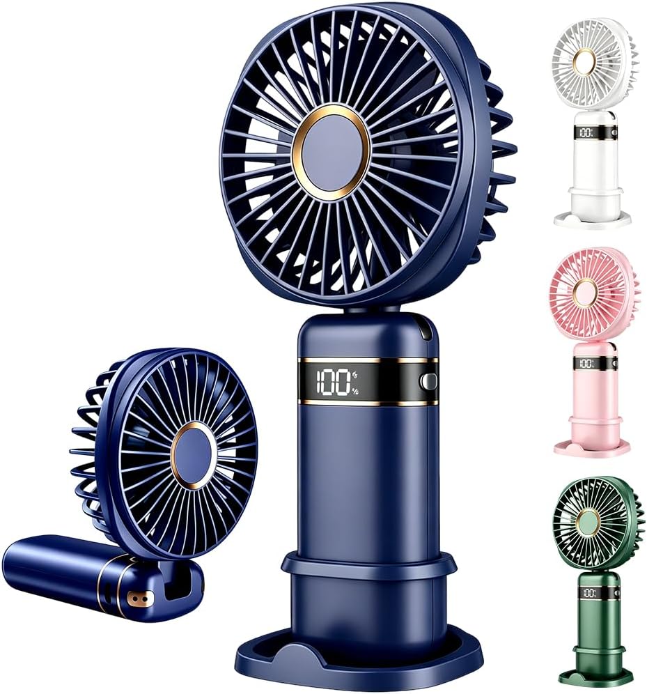 Mini-tragbarer, Per Usb Aufladbarer Ventilator Mit 5 Geschwindigkeitsstufen, Led-anzeige, Handventilator Für Reisen, Strand, Innen- Und Außenbereich (blau)