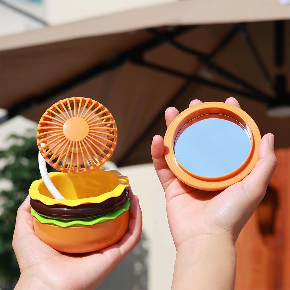 Mini-ventilator In Hamburgerform Mit Akku, Niedliches Spielzeug Mit Spiegel, 3 Geschwindigkeitsstufen, Kleines Geschenk Für Familie Und Freunde