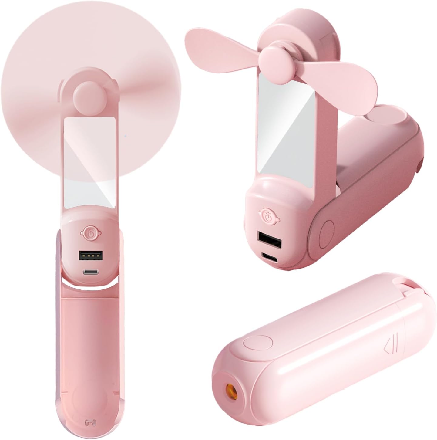 Handventilator, Mini-tragbarer, Usb-aufladbarer Ventilator Mit Aufhängekabel, Powerbank, Taschenlampe, Spiegel Und Ständer