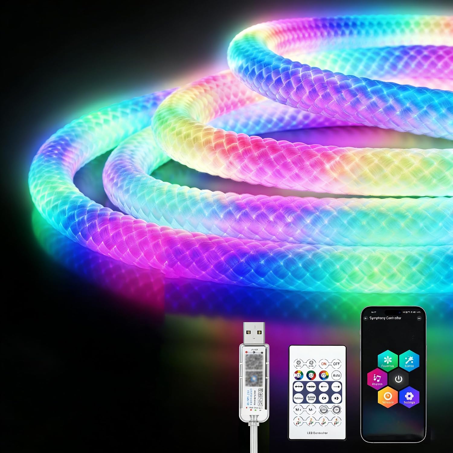 M Led-neonstreifen, 5 V Usb, 360° Drehbarer Rgb+ic-led-streifen Flexibel, Ip67 Wasserdicht, Mit Musiksynchronisation, Timer Und Fernbedienung Per App