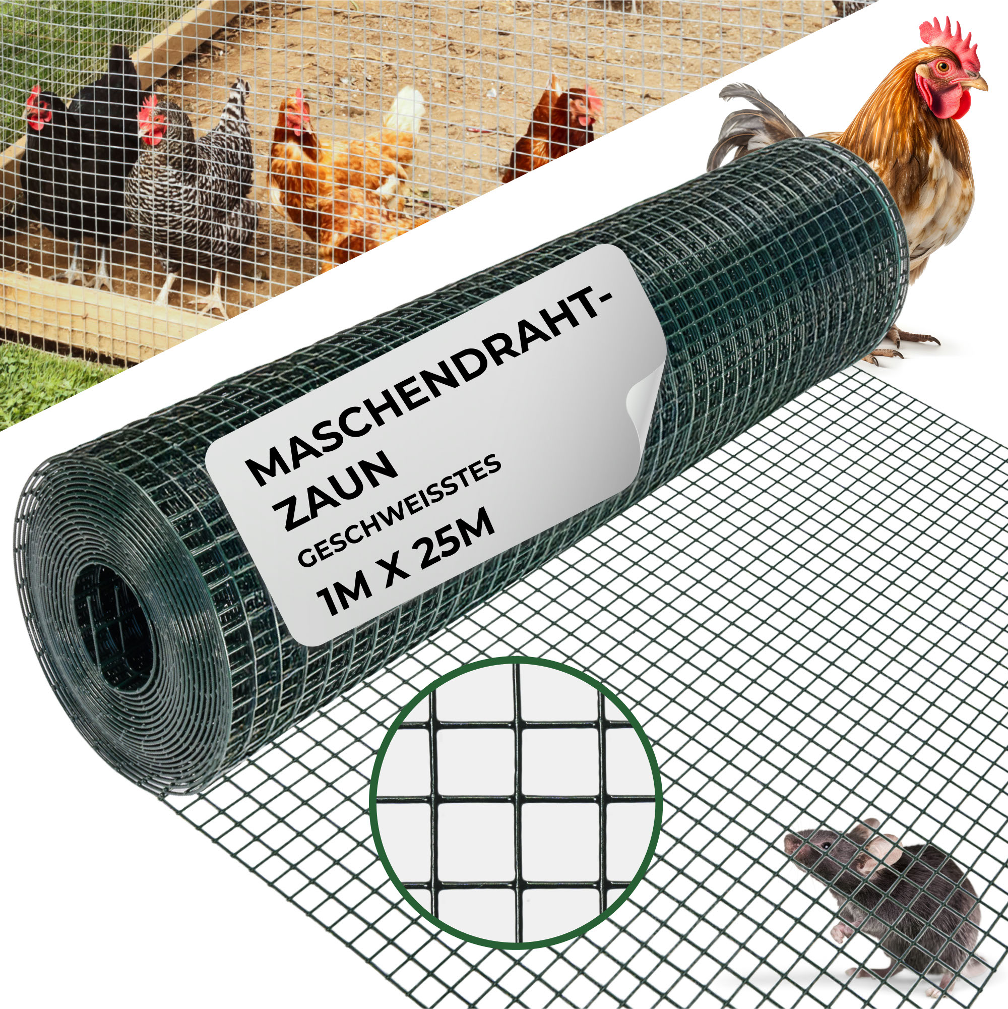 Geflecht Garden Pvc, 1000/16x16/1,2 Mm, Grün, Ral 6005, Viereckig, Garten, Tierhaltung, Packung 25 M