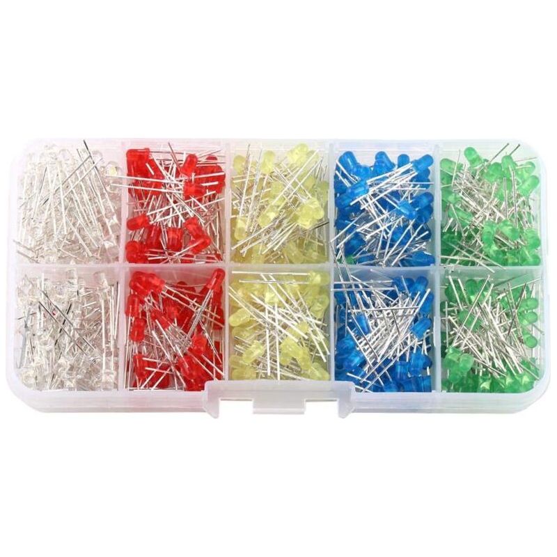 500-teiliges 3-mm-led-set – Verschiedene Farben: Weiß, Gelb, Rot, Blau, Grün – Spannung: 2,0–3,2 V, Stromstärke: 20 Ma – 500 Stück