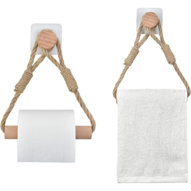 2er-set Bohrfreie Toilettenpapierhalter – Juteseil Und Massivholz – Selbstklebender Badezimmerhalter – Vintage- Und Industrie-dekor