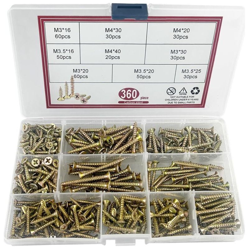 Packung Mit 360 Selbstschneidenden Holzschrauben – Gelb Verzinkter Stahl – Pozidriv-kreuzantrieb – Für Verschiedene Materialien – Größen M3/m3,5/m4