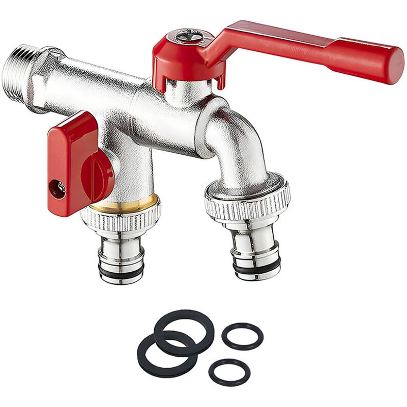 Doppelter 3/4"-außenwasserhahn Aus Messing – 2 Unabhängige Auslässe – Frost- Und Korrosionsbeständig – Standard-gewindemontage – Garten-3