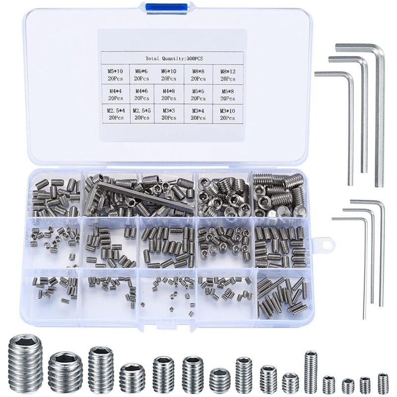 300-teiliges Set M2,5/m3/m4/m5/m6/m8 Sechskantschrauben Ohne Kopf – Korrosionsbeständiger Legierter Stahl – Mit 5 Inbusschlüsseln – Für Türgriffe