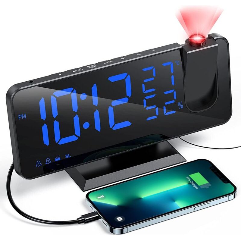 Beleuchteter Projektorwecker Mit Ukw-radio – 3 Einstellbare Helligkeitsstufen – 12/24-stunden-led-anzeige – Usb-anschluss Zum Aufladen