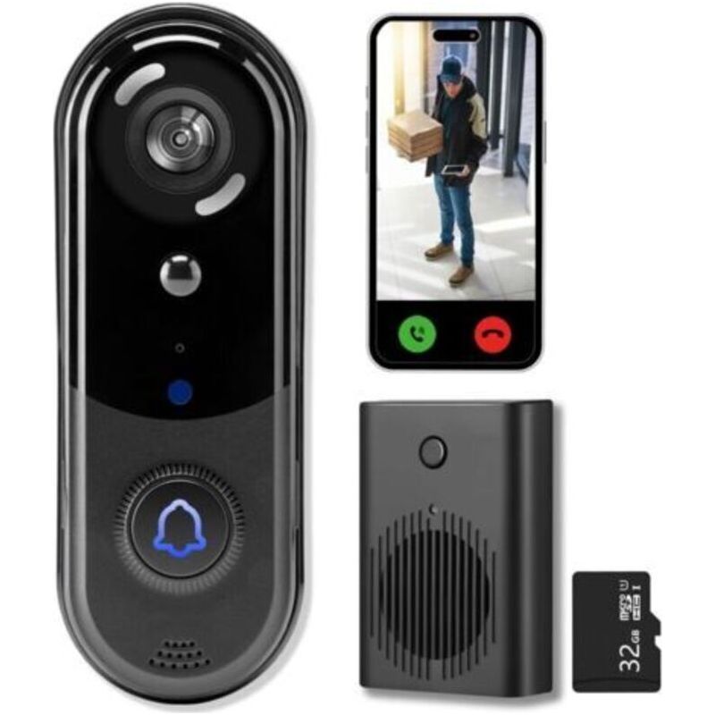 Kabellose Türklingel Mit 2k-kamera, Keine Monatlichen Gebühren, 32 Gb Sd-/cloud-speicher, Nachtsicht, Bewegungserkennung, Zwei-wege-audio, Ip66, Echtzeitbenachrichtigungen