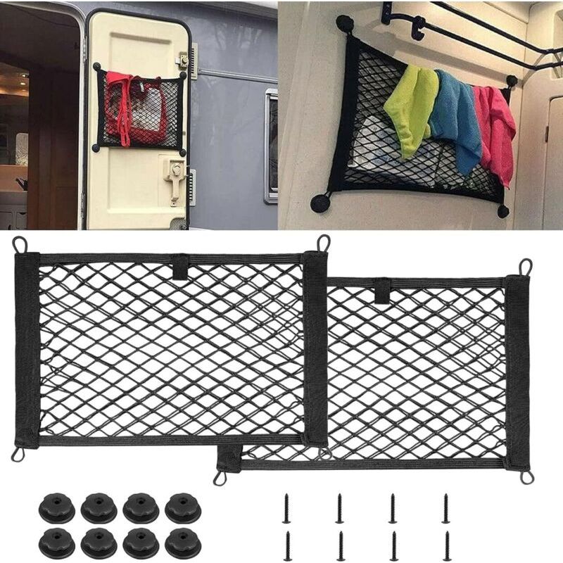 Set Mit 2 Dehnbaren Netztaschen 25 X 45 Cm – Strapazierfähiges Schwarzes Nylon – Mit 8 Schrauben Und Haken Zur Befestigung – Für Lkws Und Wohnmobile
