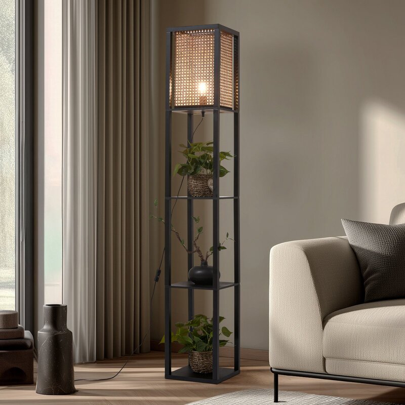 [neuwertig] B-ware Lindby Stehleuchte Birta Schwarz/natur Regal Rattan 159 Cm E27 15 W