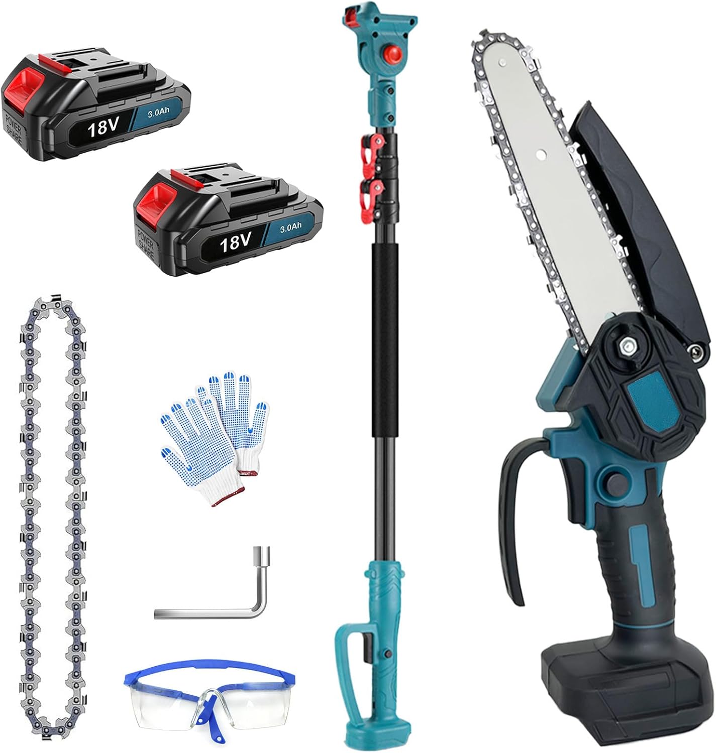 Elektrische Teleskop-heckenschere Mit Akku 6" Kabellos Mit Verlängerungsstange, 2 Ketten, 2 Akkus À 3,0 Mah, Einstellbarer Winkel, Ideal Für Garten Und Obstgarten Zum Baumschnitt/heckenschnitt