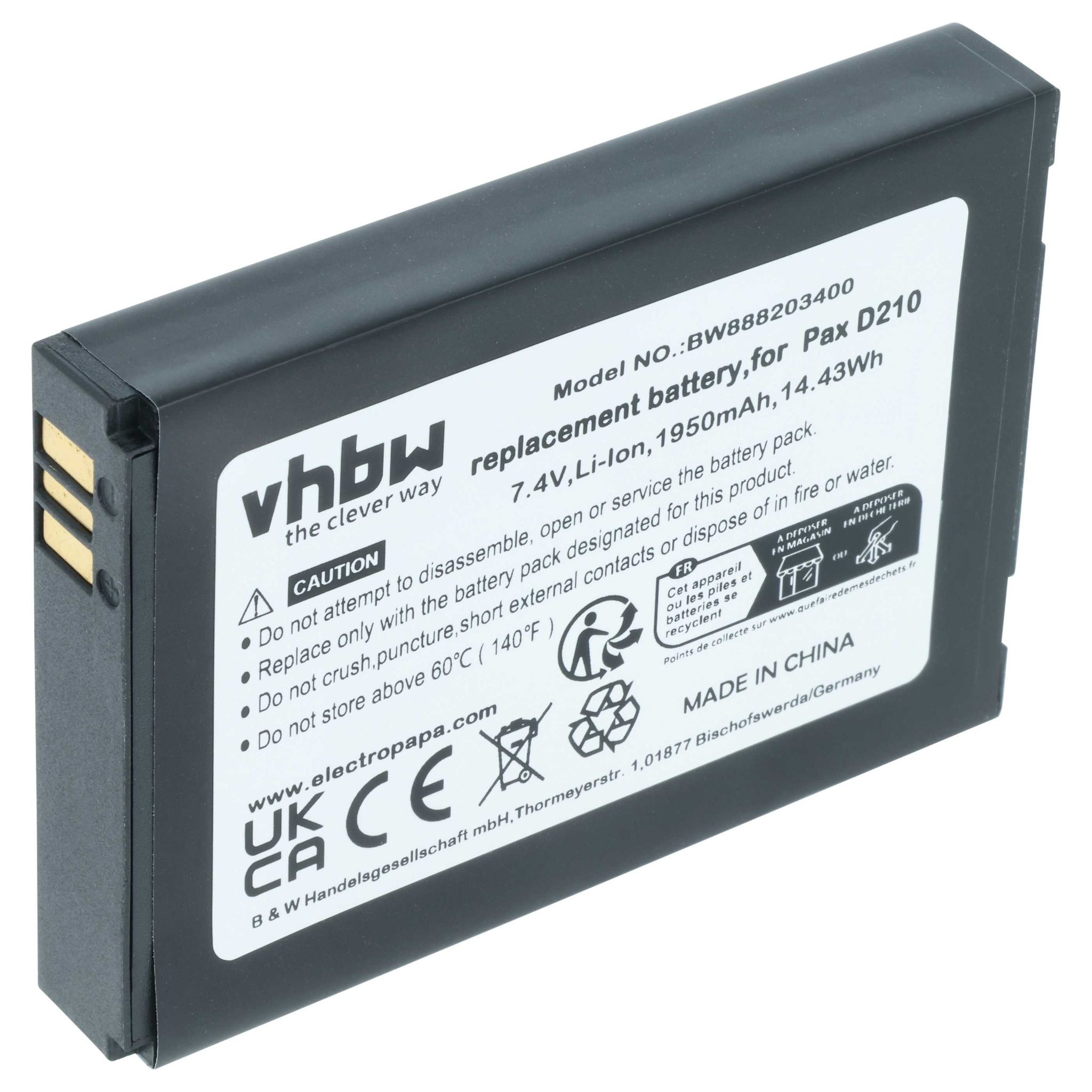 Vhbw Akku Kompatibel Mit Pax D210 D210 Bluetooth, D210 Gprs, Mypos D210 Wifi Barcodescanner Pos (1750 Mah, 7,4 V, Li-ion)